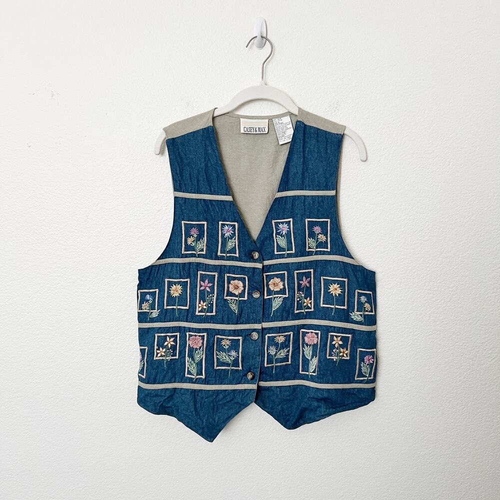 [Vintage] 90s Y2K Embroidered Floral V-Neck Denim Cottagecore Vest Size Large L